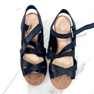 Clarks Black Strappy Sandals with Cork Sole 8.5
